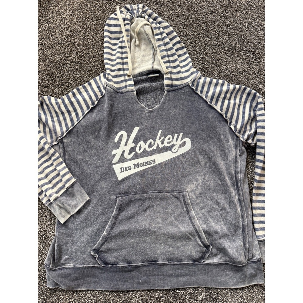 MV Sport Hockey Des Moines Hoodie XXL Faded Navy Striped Raglan Sweatshirt